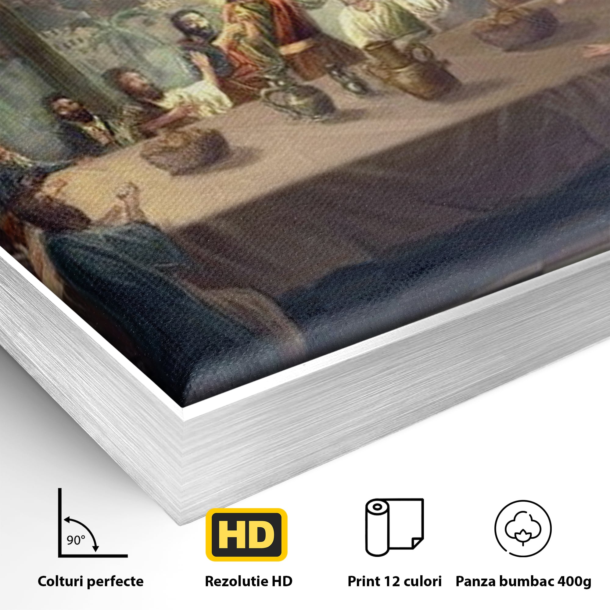 Detaliu al suprafetei: tablou canvas cina cea de taina, in rama de aluminiu argintiu